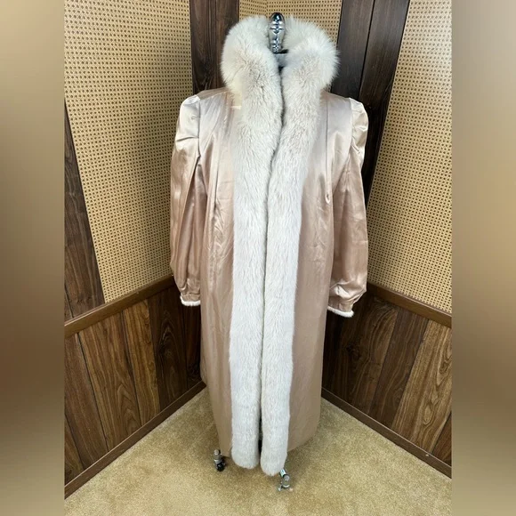 STUNNING VINTAGE FULL LENGTH IVORY CREAM MINK & FOX COLLAR FUR COAT JACKET XL - Picture 6 of 10